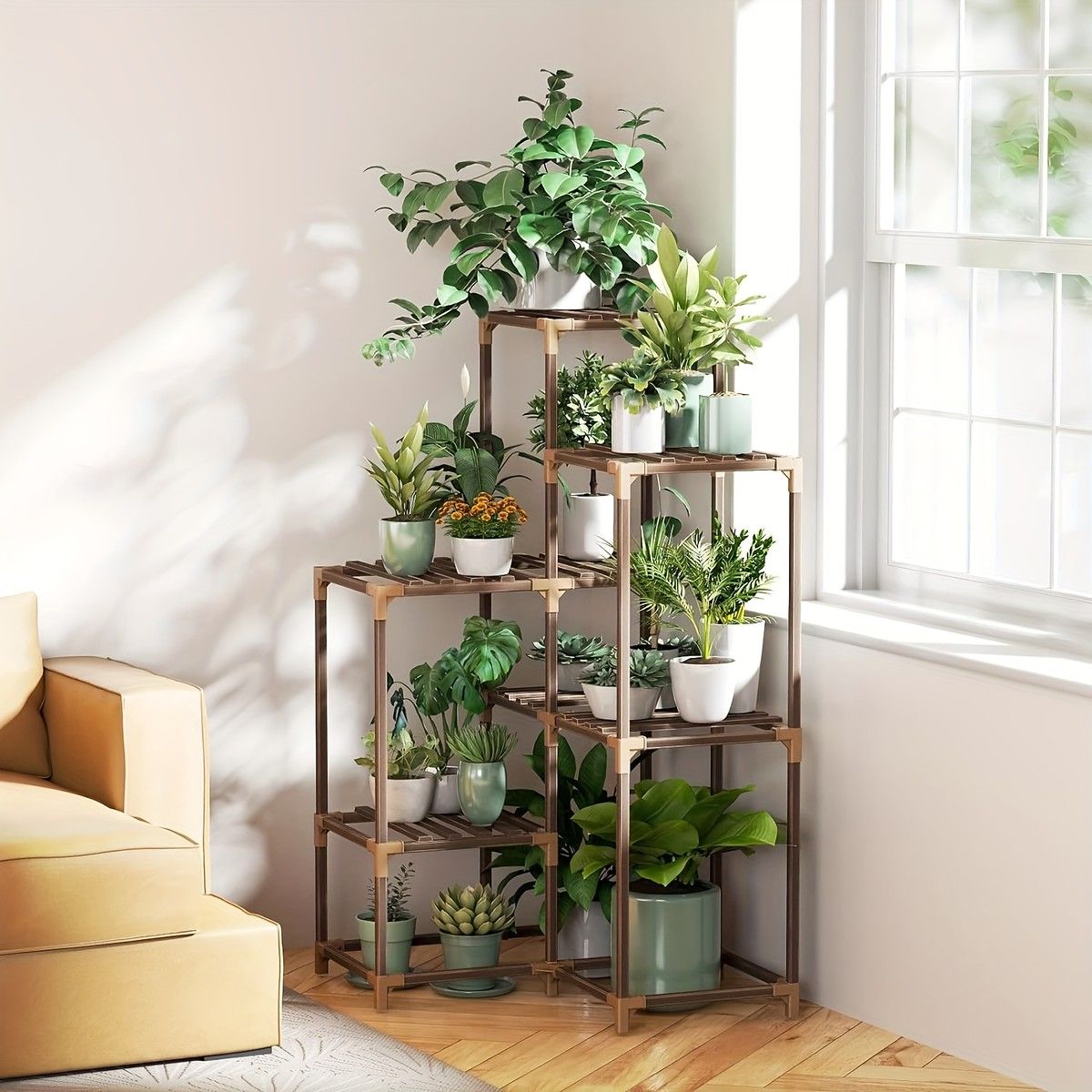 省スペース設計 コーナー観葉植物スタンド 7号鉢対応 木製 室内 屋外兼用 リビング バルコニー ガーデン装飾 複数植物展示可