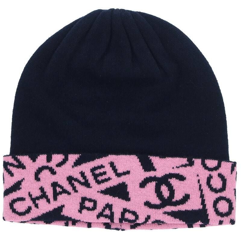 【美品】CHANEL ニット帽 ビーニー ロゴ カシミヤ混 ブラック シャネル CHANEL ニット帽 ロゴ カシミヤ ニットキャップ