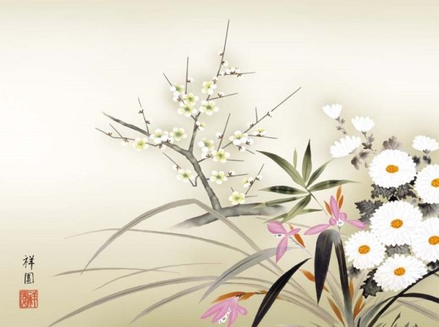 四季草花図　印刷画　日本画 フレーム　額装　額縁 G2307-943x1024.jpg