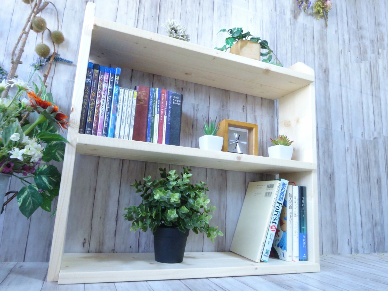 ハンドメイド　３段ウッドシェルフ ロング　(ナチュラル) [全品P10倍 10日20時〜4H]シェルフ ラック 棚 おしゃれ オープンシェルフ 収納棚 ウッドシェルフ 木製ラック アイアン 本棚 スチール  折りたたみ 3段棚 nami コンパクト フレーム+足場板120cmセット JQ | 窓際貴族 mado