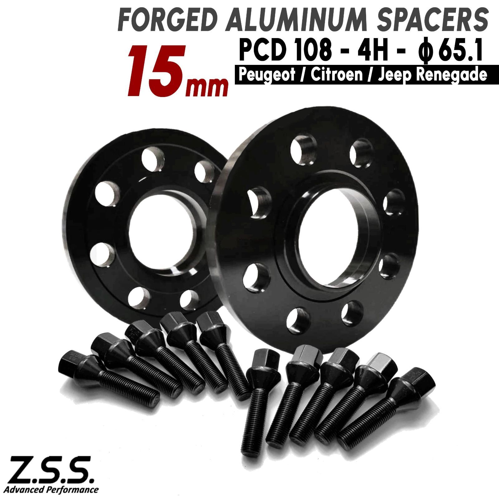 Z.S.S. AP プジョー Peugeot 3008 2008 1007 207 106 206 306 307 308 309 406 15mm PCD108 4x108 65.1φ スペーサー M12xP1.25 ボルト付き S-lip