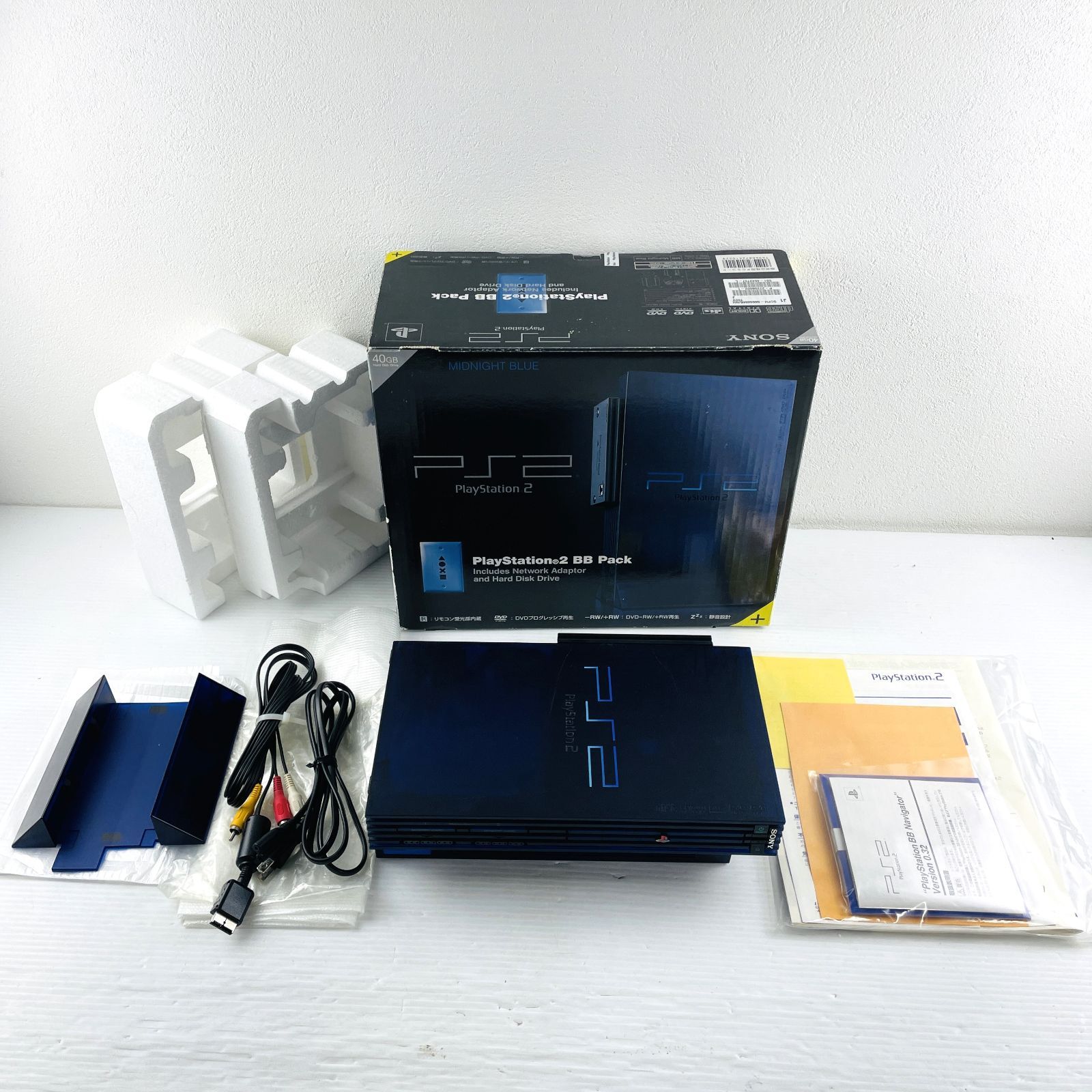 ◇621【動作OK】SONY PlayStation2 BB Pack SCPH-50000 MB/NH PS2 ミッドナイトブルー 本体 箱  ケーブル類 スタンド 説明書類 コントローラなし ソニー プレイステーション2 プレステ2 - メルカリ