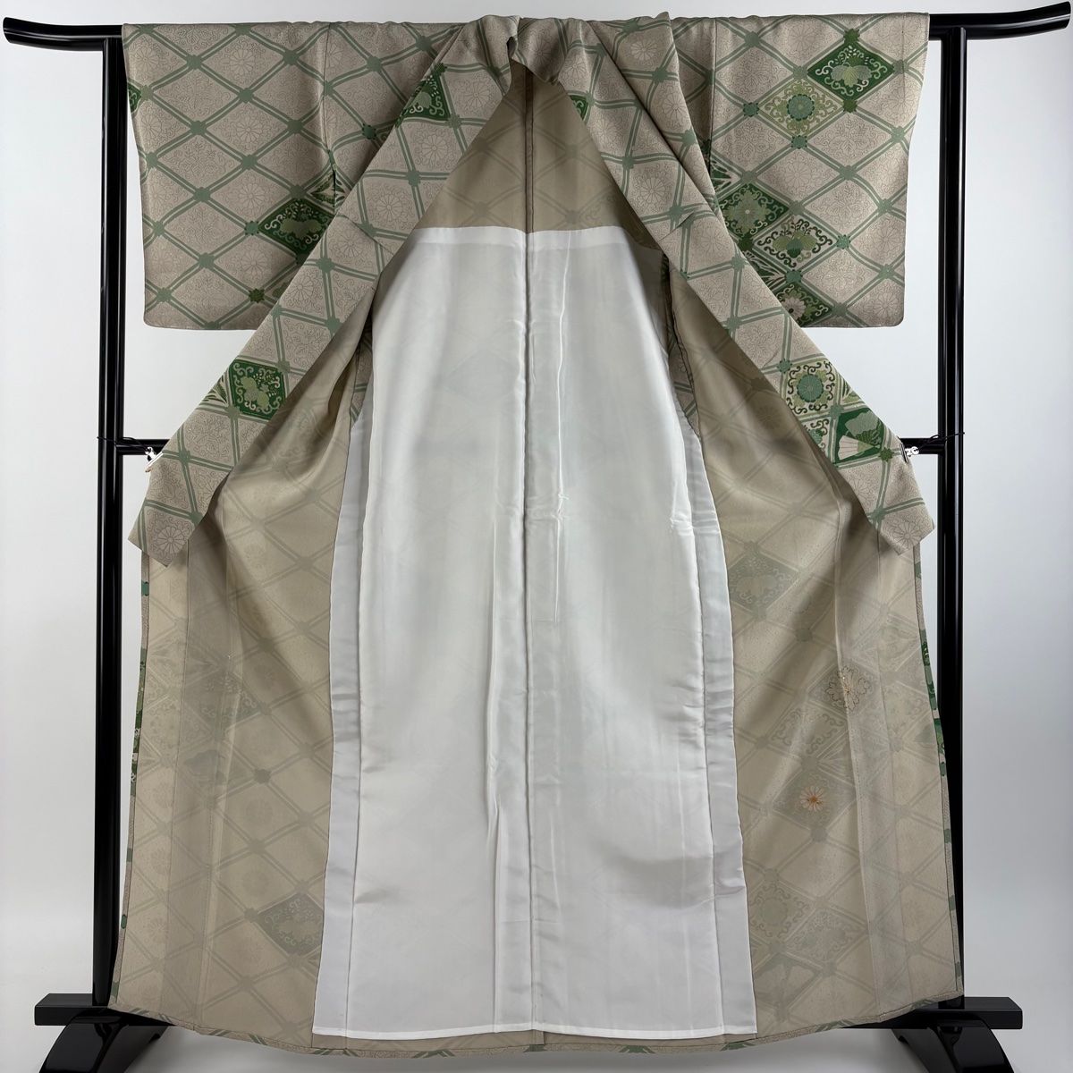 訪問着 身丈162.5cm 裄丈62.5cm S 単衣 菊 向鳥 金糸 金彩 灰茶