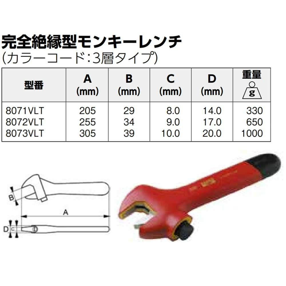 人気商品】250mm 8073VLT 1000V完全絶縁仕様モンキーレンチ Insulated