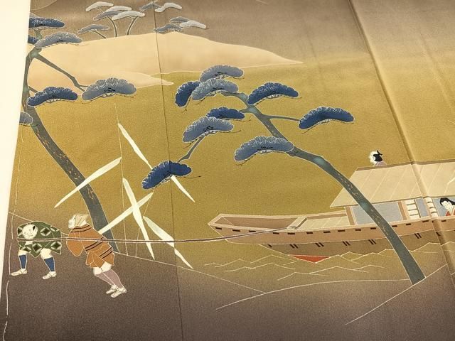 平和屋着物○訪問着 友禅 手描き 人物風景文 笠松 暈し染め 正絹 逸品