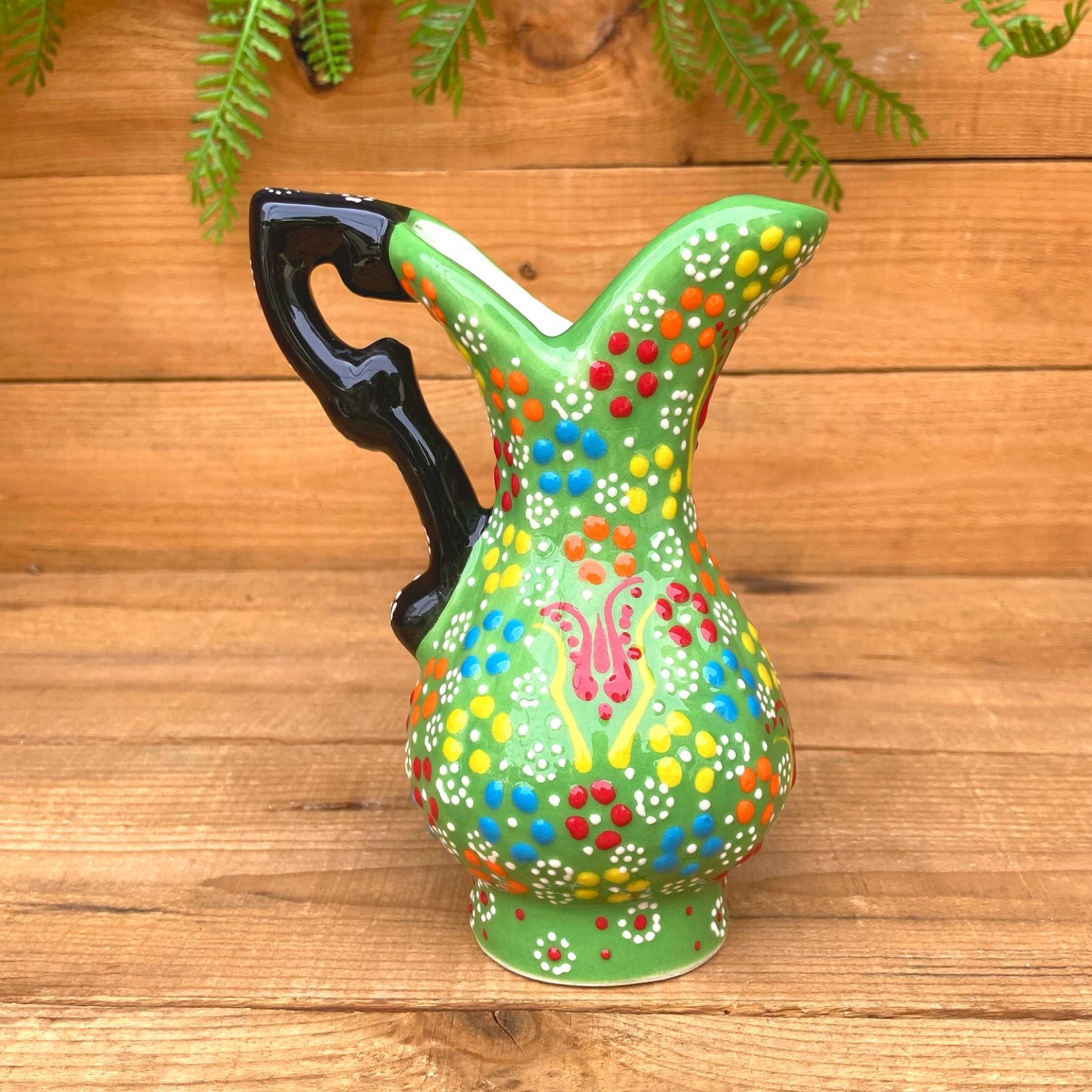 15cm【トルコ】手描き 花瓶 フラワーベース 取手付き＊黄緑＊キュタフヤ陶器