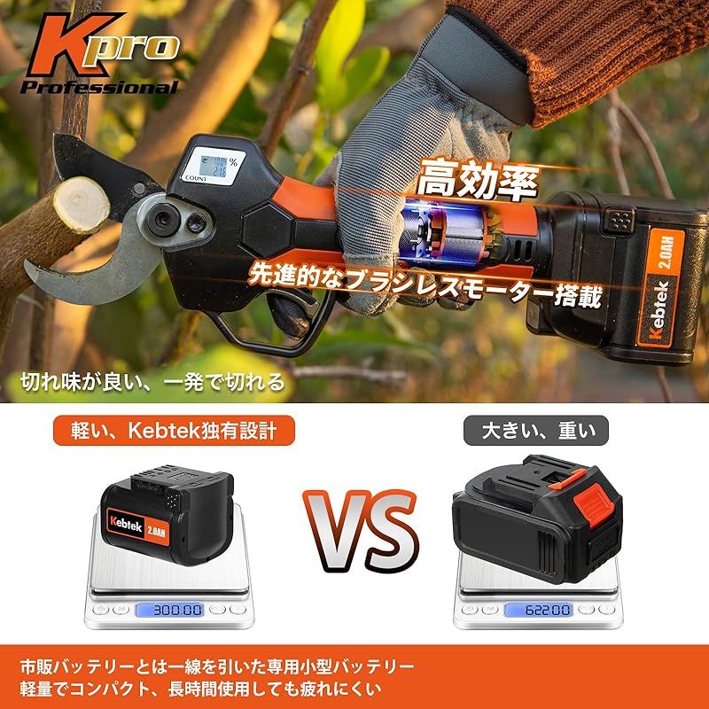 JA東京剪定工具 トリガー連動機能 Kebtek 充電式剪定鋏 切断径40 軽量1.2KG コードレス 電動剪定ばさみ 21V フッ素刃 電動鋏 2000mAh大容量電池2個付属 日本語取扱説明書付き 剪定鋏 切断回数と残量表示画面 ブラシレスモー SKLAD-KIRPICHA_RU