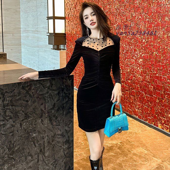 胸元シースルードット ベロア仕立て長袖ショートタイトワンピース