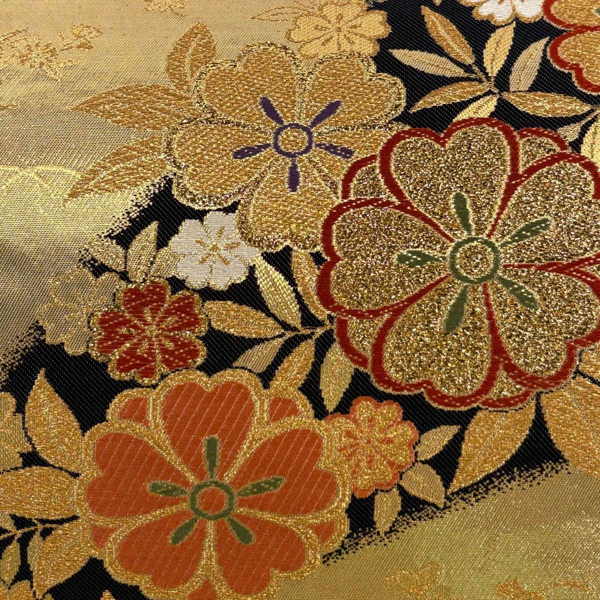 美品 袋帯 薄茶色 柳茶色 ゴールド 桜花 もみじ 六通柄 4m34cn 正絹 袋帯 美品 秀品 振袖向き 桜 芝 金糸 箔 金色 六通 正絹 【中古
