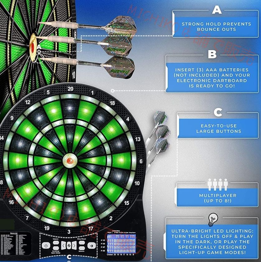 電子ダーツボードセット LED自動採点発光電子ダーツセット ソフトチップ電子ダーツボード 大人用 子供用 マルチプレイヤー さまざまなゲーム会場用 PSE認証