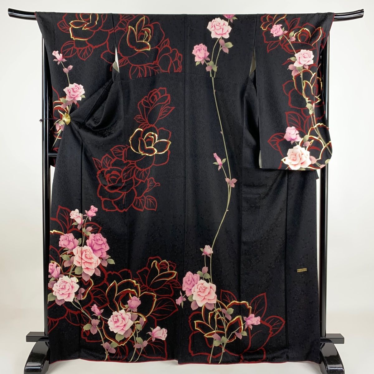 振袖 身丈169cm 裄丈69cm L 袷 二尺袖 薔薇 金彩 黒 正絹 秀品 【中古  