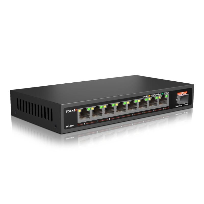 FOXNEO 2.5gbps スイッチングハブ 9ポート 8x2.5G RJ45と1x10G SFP 搭載 個人や家庭向けのスイッチングハブ 静音ファンレス設計 デスクトップや壁掛け設置 金属筐