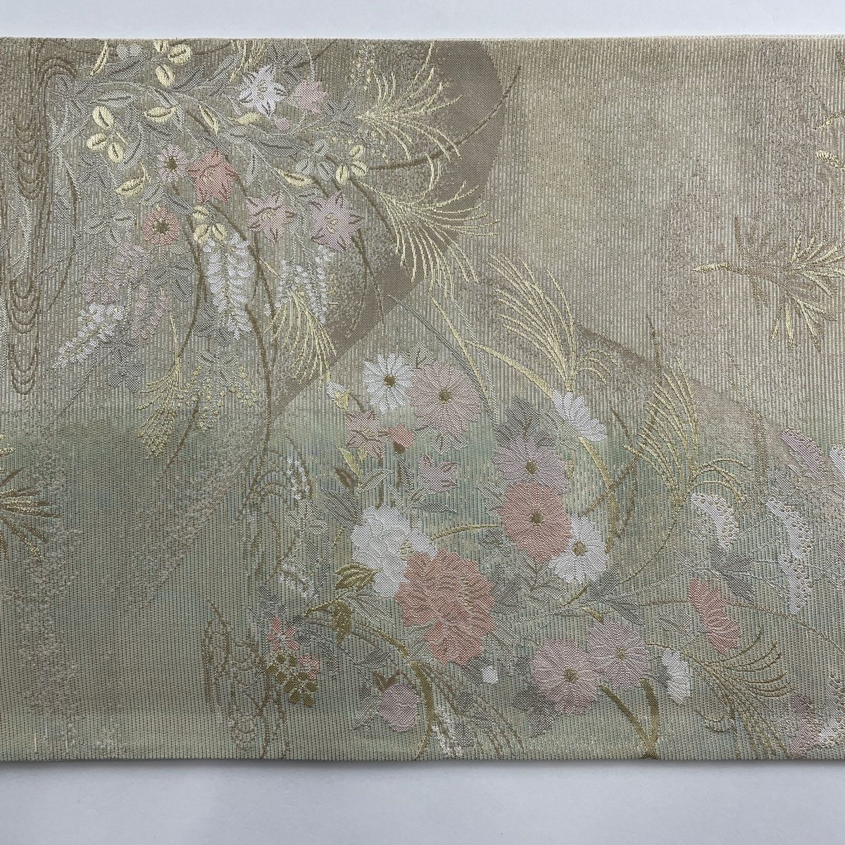 袋帯 秀品 夏帯 絽 秋草 山 金糸 箔 ベージュ 六通 正絹 【中古