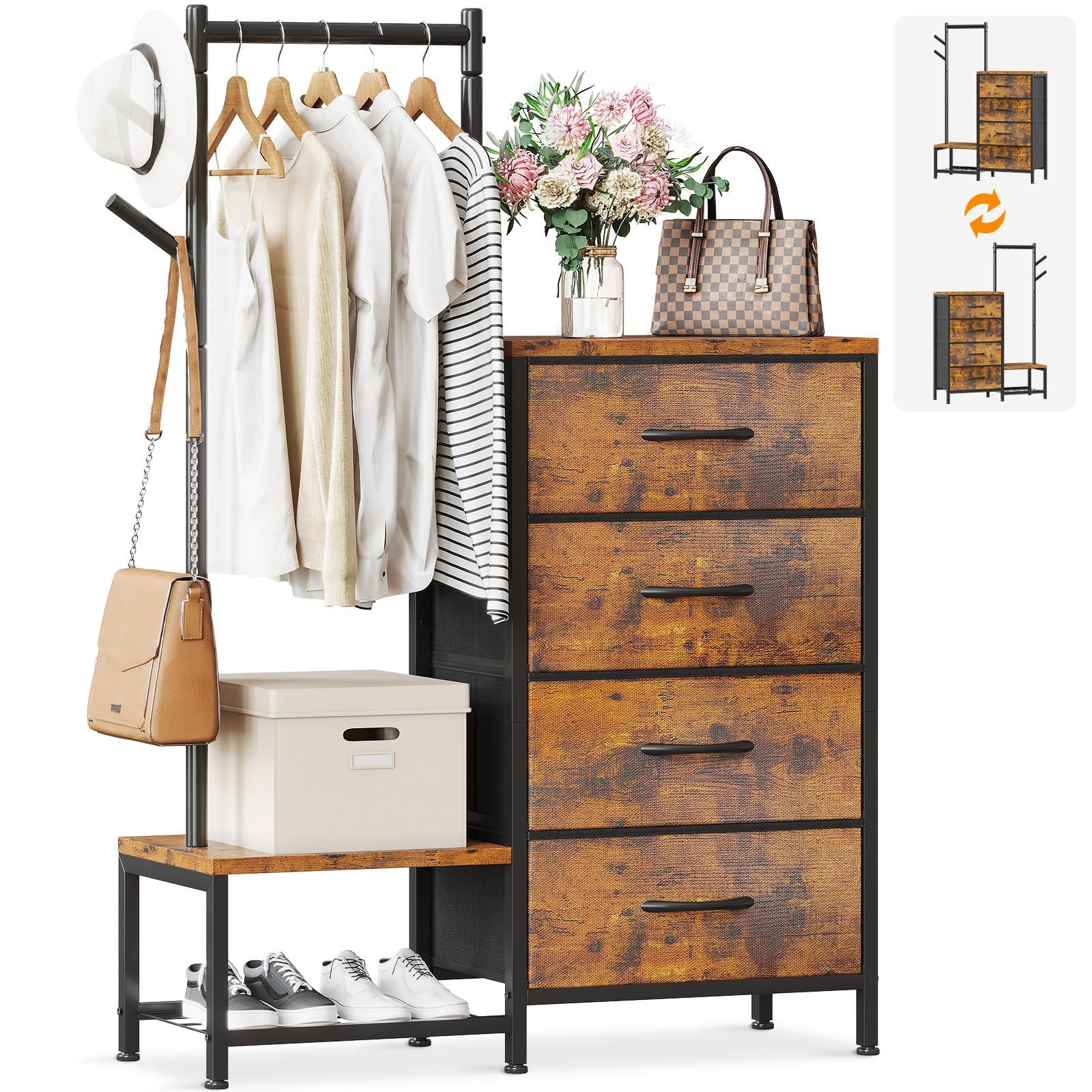 AODK ハンガーラック 布製引き出し付き ワードローブ チェスト タンス 4段 幅75×奥行30cm 洋服収納 衣装棚 パイプハンガー 省スペース 頑丈 おしゃれ 組立簡単 ビンテージ