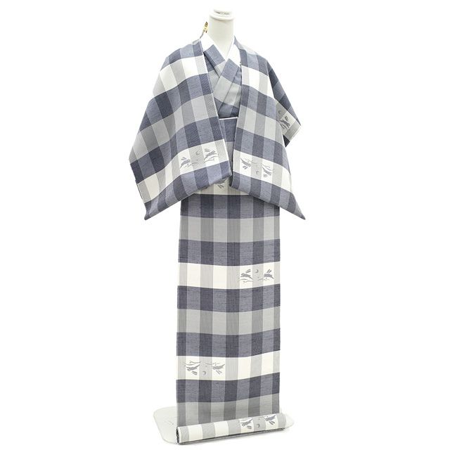 新古品】 紬 着物 正絹 着尺 反物 十日町 紺 白 グレー 格子 うさぎ 兎