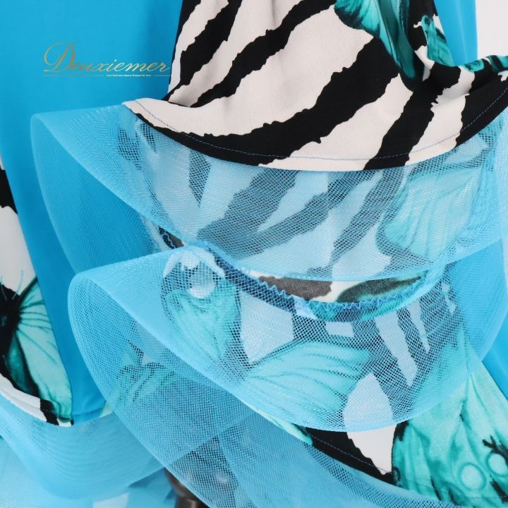 社交ダンス 衣装 ラテン ドレス ワンピース インザムード in the MOOD 青 水色 フリル デモ 競技 ダンス パーティ ブルー系 ゼブラ フリル付き スパンコール ストレッチ レディース おしゃれ ダンスウェア 競技用 ダンス衣装