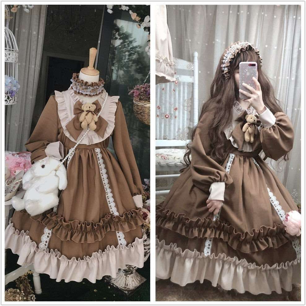 ロリータ ワンピース 秋冬 ブラウン ブルー lolita ワンピース レディース 可愛い 姫様 ロリータ風ワンピ 萌え萌え ゴスロリ 日系女子中高生 クラシカル ゴシック ミディアム丈 ひざ丈 長袖 イ