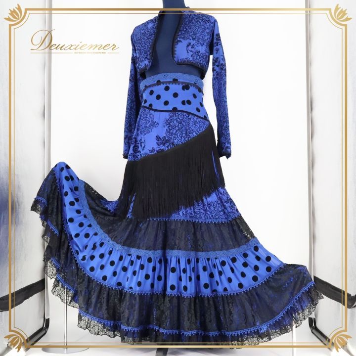 フラメンコ 衣装 ソニアジョーンズ SONIA JOHNES トップス ファルダ スカート ボレロ ツーピース セットアップ 上下セット ハイウエスト 青 黒 水玉 ドット フリンジ フレコ ブラック系 ブルー系 ファッション フラメンコダンス
