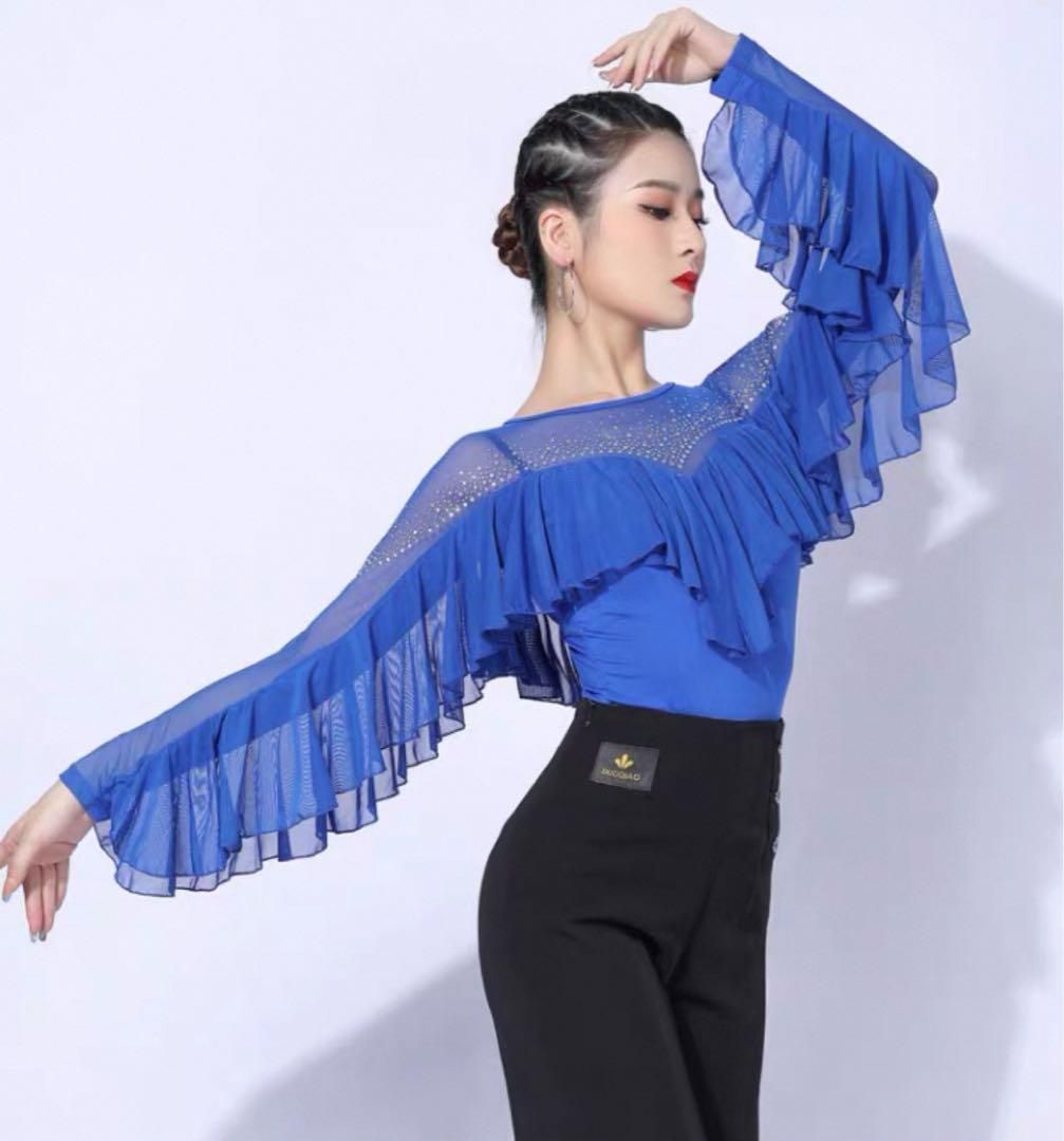 フリル舞うダンス練習用トップス♪スタンダードにもラテンにも♪ 新品 25新作フリル舞うダンス練習用トップス♪スタンダードにも