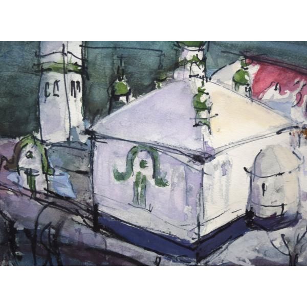 波多野清一「函館（ハリストス正教会）」水彩画・4号 道内画家