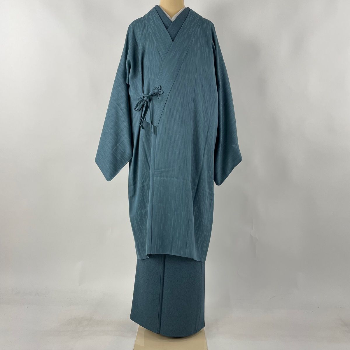 道中着 身丈107cm 裄丈67cm M 和装コート 着物衿 紬地 縦縞 青 正絹 美  