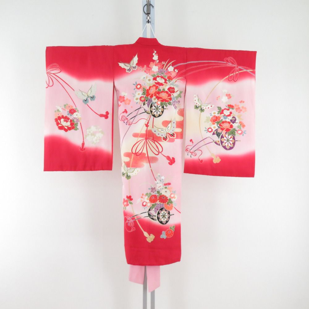 子供着物 女の子用 一つ身 襦袢とセット 赤ピンク色 花籠に鶴文様