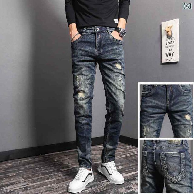 31 メンズ ファッション 服 オシャレ シンプル 大 かっこいい 大きいサイズ ストリート 紳士服 春 秋 レトロ ブルー ウォッシュ加工 ジーンズ スリムフィット パッチ ロング パンツ