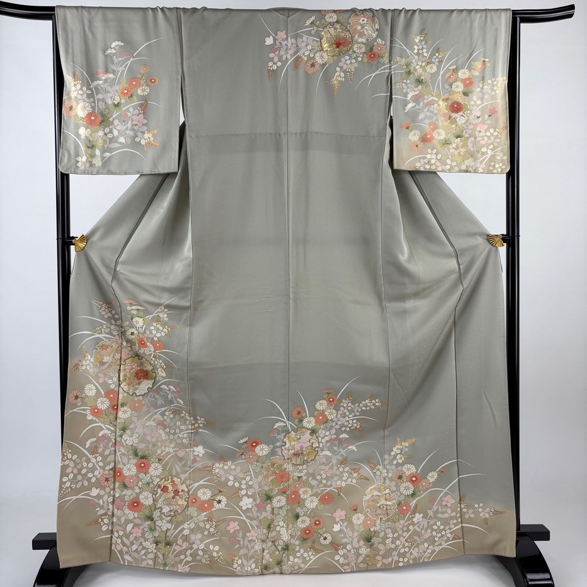 訪問着 身丈168.5cm 裄丈66cm M 袷 雪輪 秋草 金糸 金彩 灰緑 正絹