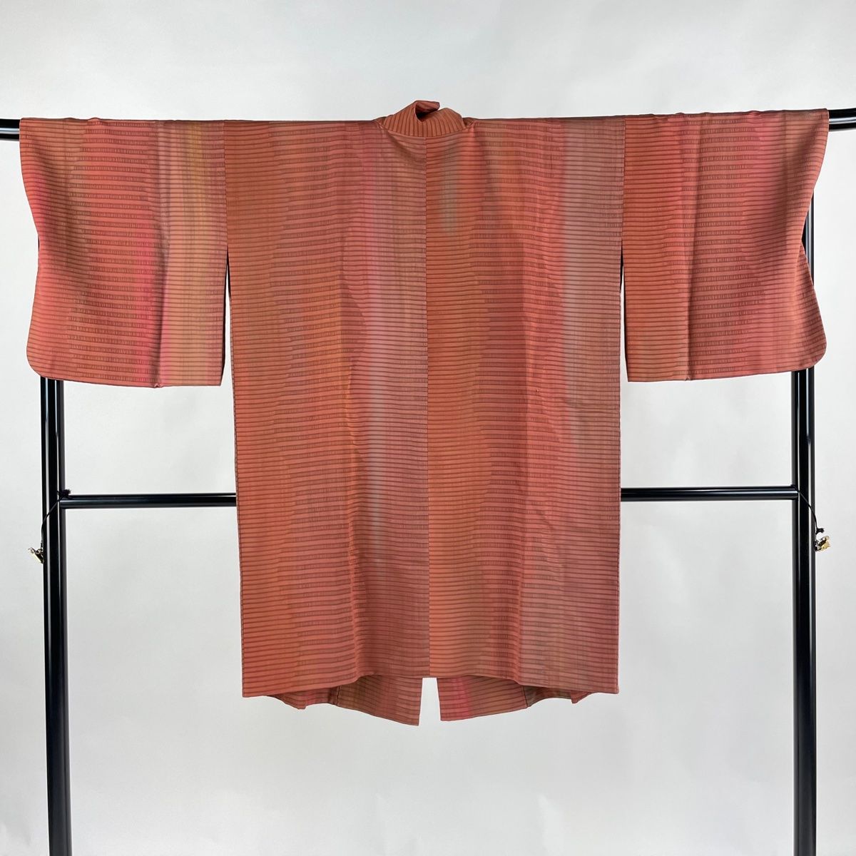 道中着 身丈96cm 裄丈71cm L 和装コート 横縞 縦ぼかし 朱色 正絹 名品