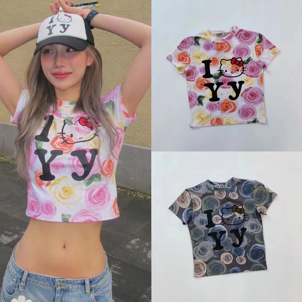 OPEN YY × Hello Kitty Tシャツ カーキ/ピンク レディース 半袖 Tシャツ