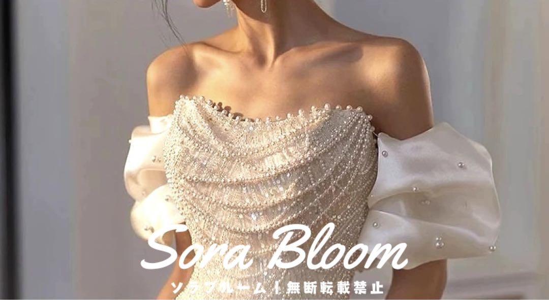 パールにビジューの美しいオフショルリボン イブニングドレス大人