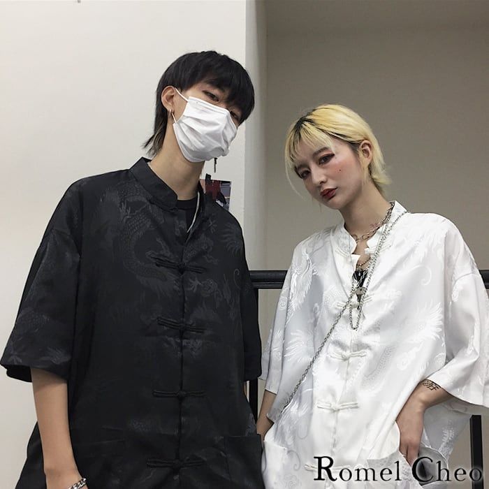 RomelCheo 龍柄 チャイナシャツ モノクロ チャイナ服 メンズ