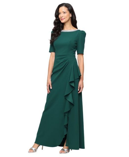 送料無料 アレックスイブニングス レディース ワンピース トップス Women s Embellished-Neck Ruffle Gown PINE