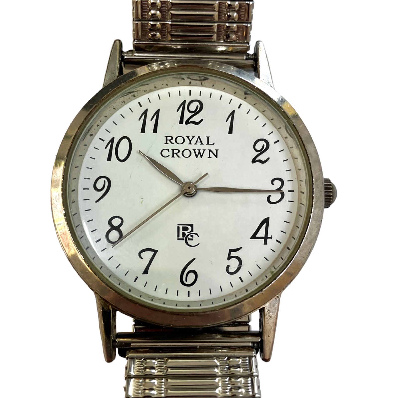 【電池交換稼働中⭐️ ROYAL CROWN】 ローヤルクラウン クォーツ 腕時計　 白文字盤　 シルバーカラー　 レディース　 蛇腹ベルト  03-252G （AYA）