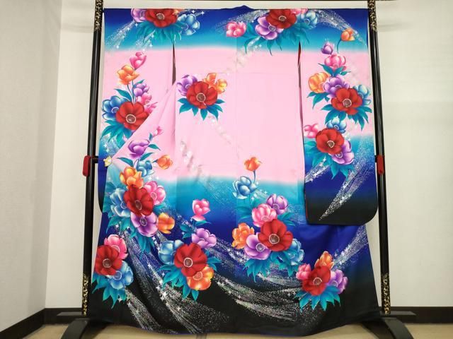 ＊振袖＊ 正絹　吉祥花文　暈し染め　金銀彩 平和屋着物□豪華振袖 駒刺繍 御所車吉祥花文 暈し染め 金銀彩