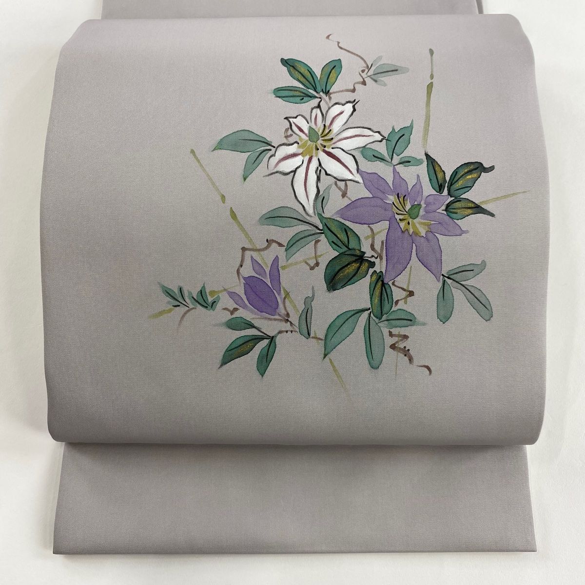 開き名古屋帯 秀品 落款 草花 金彩 灰紫 正絹