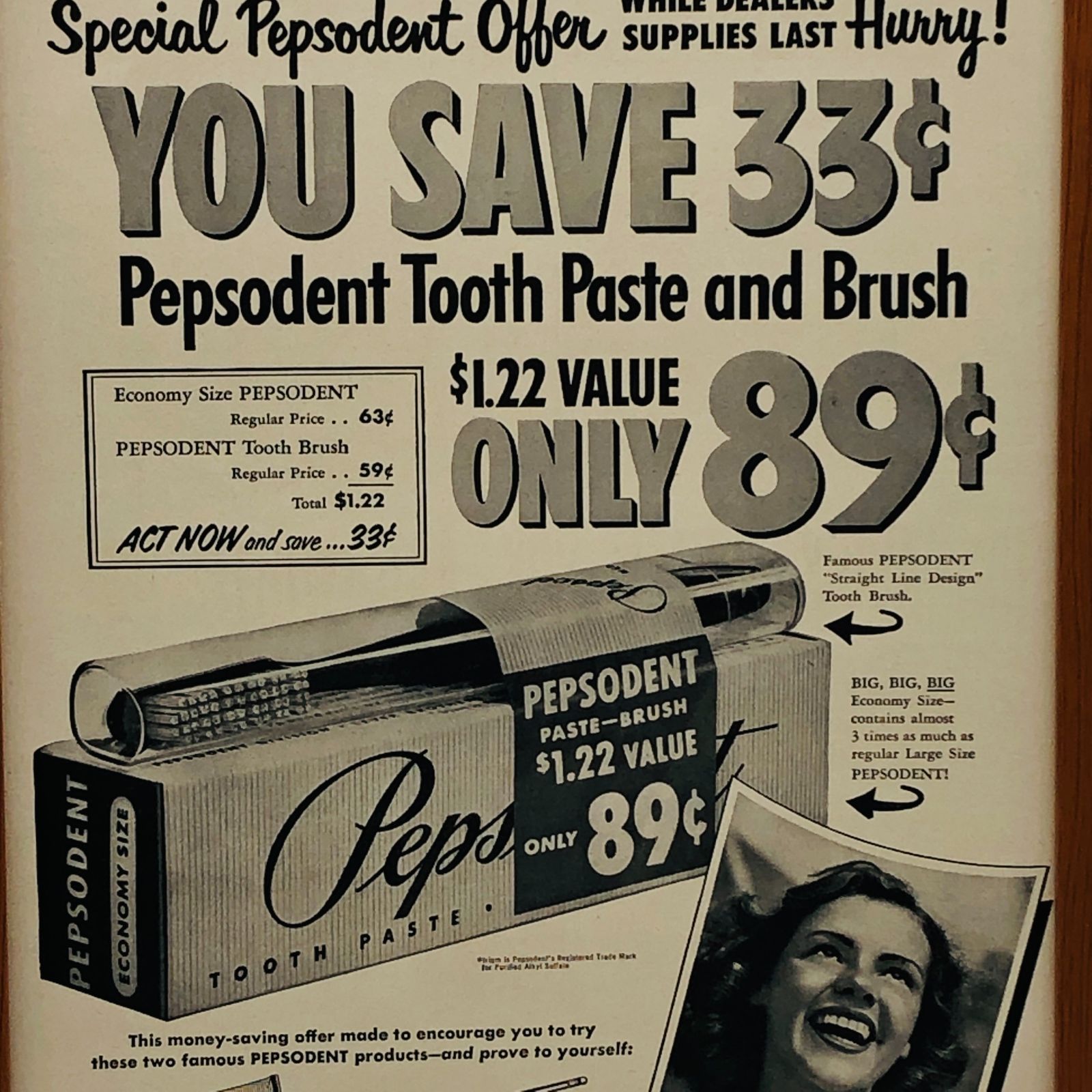 ビンテージ 広告 ポスター フレーム付 当時物 『 ペプソデント ( Pepsodent ) 』 1950's オリジナル アメリカ 輸入雑貨 ヴィンテージ  雑誌 アドバタイジング レトロ ( AZ1786 ) - メルカリ