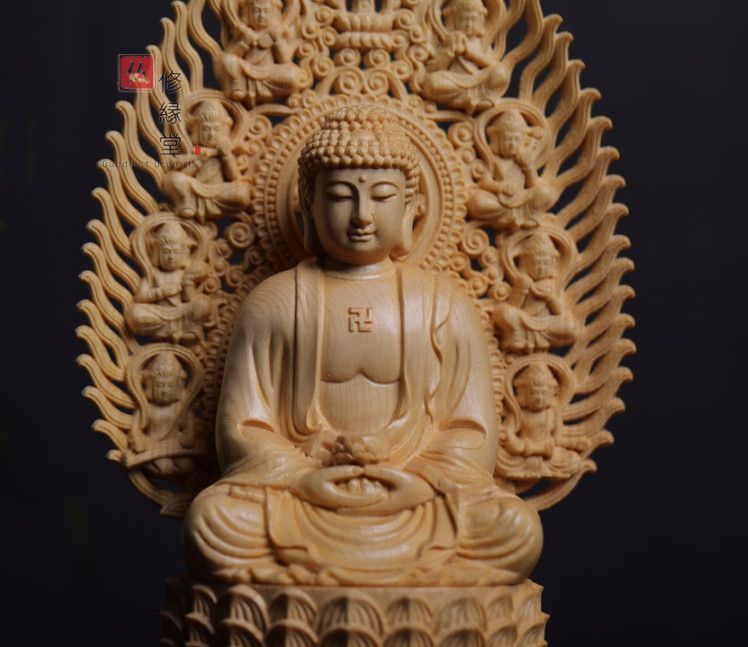 修縁堂】木彫り 仏像 釈迦如来座像 釈迦牟尼仏 彫刻 一刀彫 天然