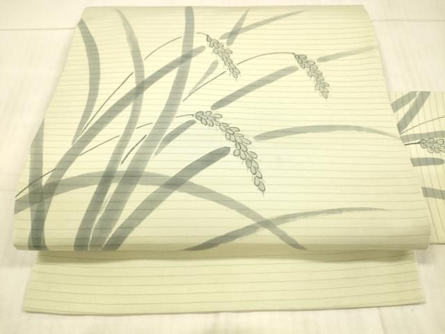 平和屋着物＊夏物　絽塩瀬　九寸名古屋帯　手描き　稲穂　正絹　逸品　DAAX0467cm 平和屋着物＊夏物 絽塩瀬 九寸名古屋帯 手描き 稲穂 正絹 逸品