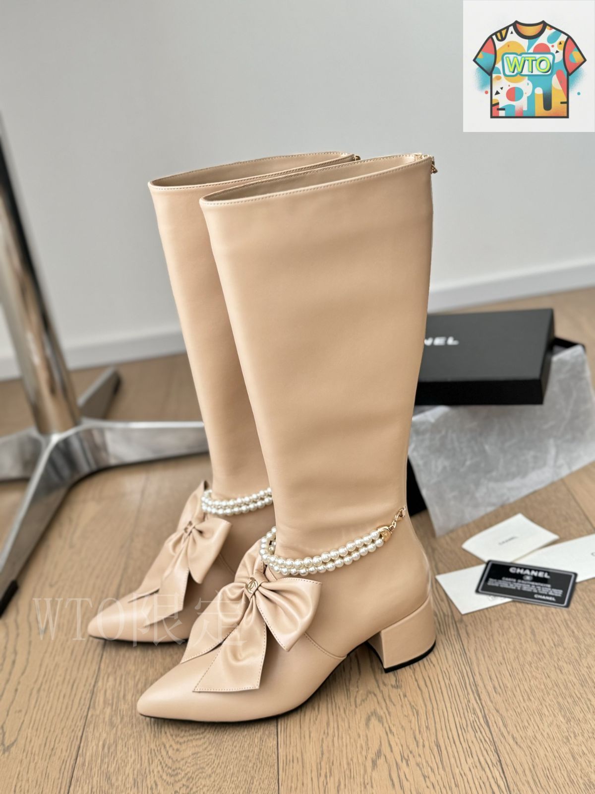 シャネル 24A パール ボウ ロング & ショートブーツ レザー