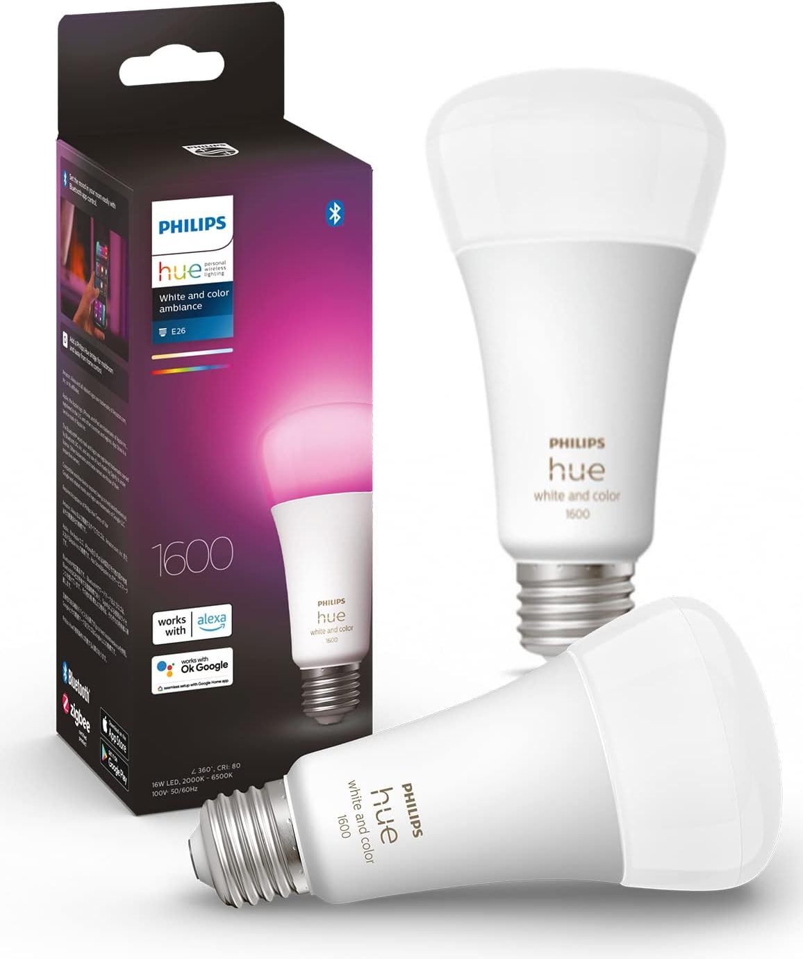Philips Hue スマート電球 E26 100W フル 2個 セット - フィリップスヒュー LEDライト スマートライト Alexa対応 照明 1600lm マルチ 1600万色 電球色 昼白色 調光 調色 スマートホーム 間接照明