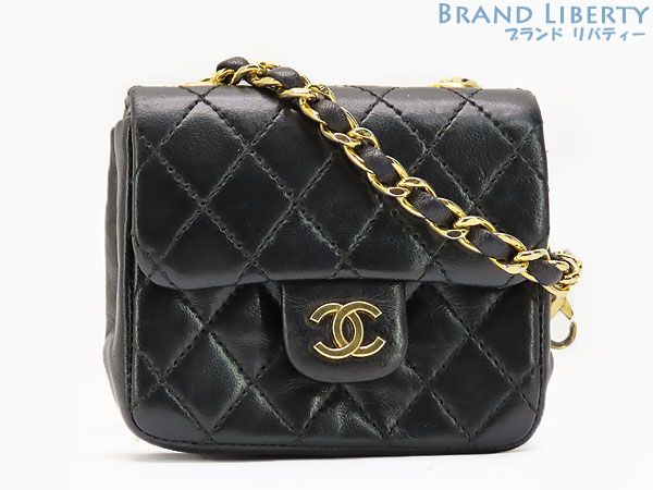 シャネル CHANEL ヴィンテージ ミニミニマトラッセ チェーン バッグチャーム ポーチ ハンドバッグ ブラック ゴールド金具 ラムスキン