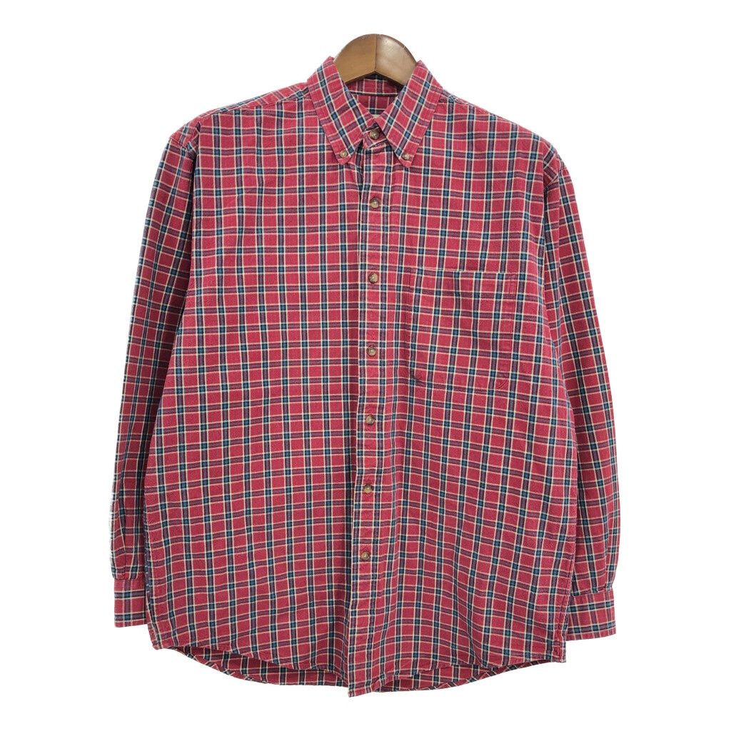 90年代 Eddie Bauer エディーバウアー ボタンダウン 長袖シャツ アウトドア チェック レッド (メンズ M) 中古 古着 S1075