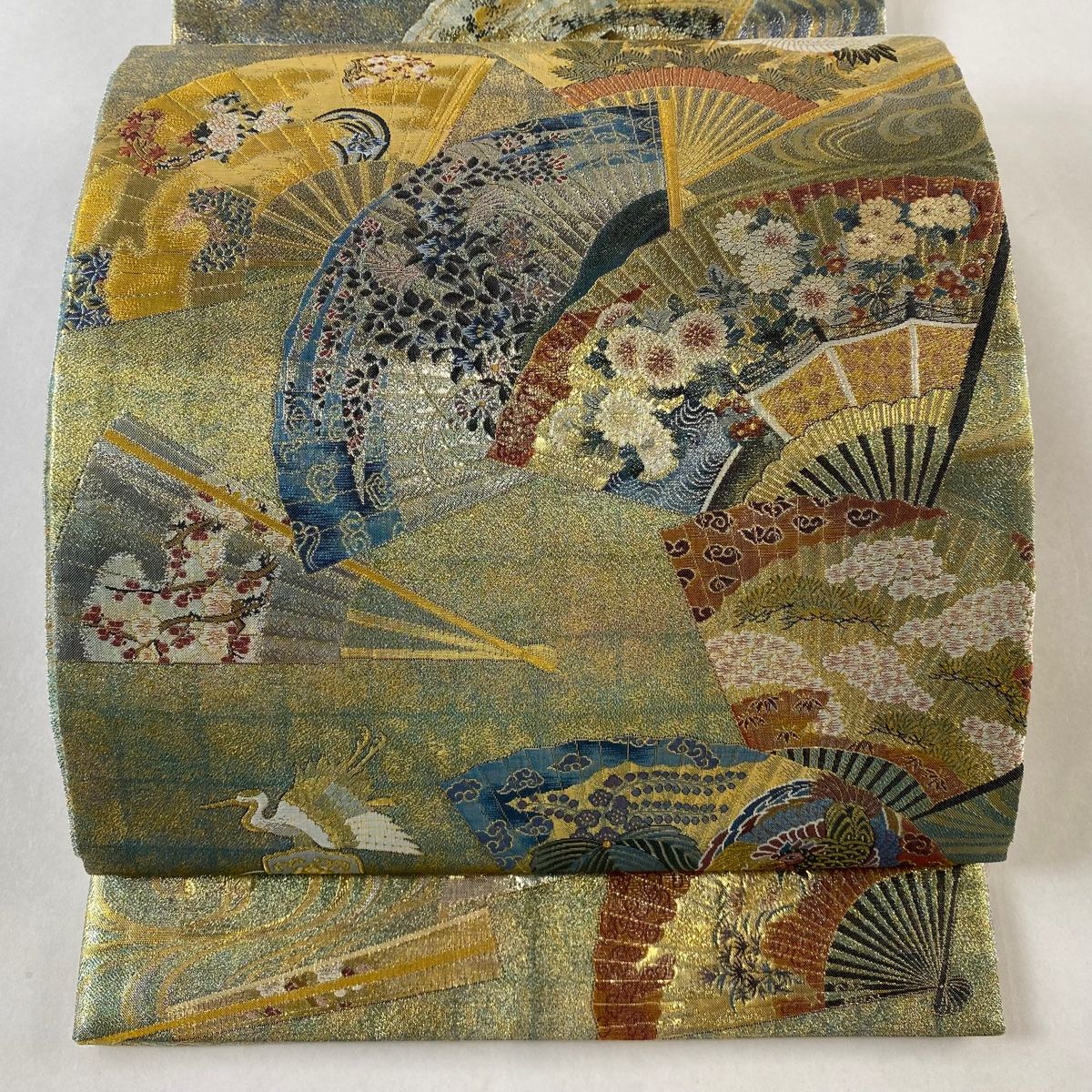 袋帯 名品 落款 徳川美術館秘蔵 能楽百扇 箔 金糸 薄緑 お太鼓柄 正絹