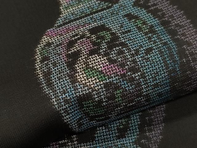 平和屋着物○本場大島紬 9マルキ 地空き 陶器鳥文 黒地 正絹 逸品