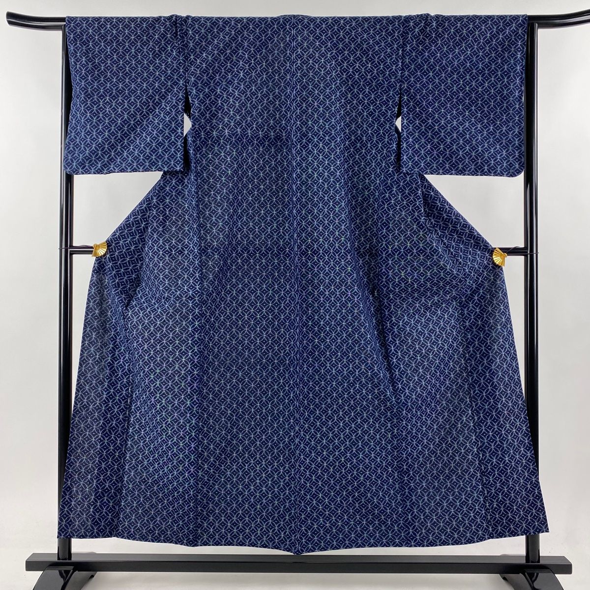 紬 身丈154cm 裄丈65cm M 単衣 バチ衿 七宝 藍色 綿 名品