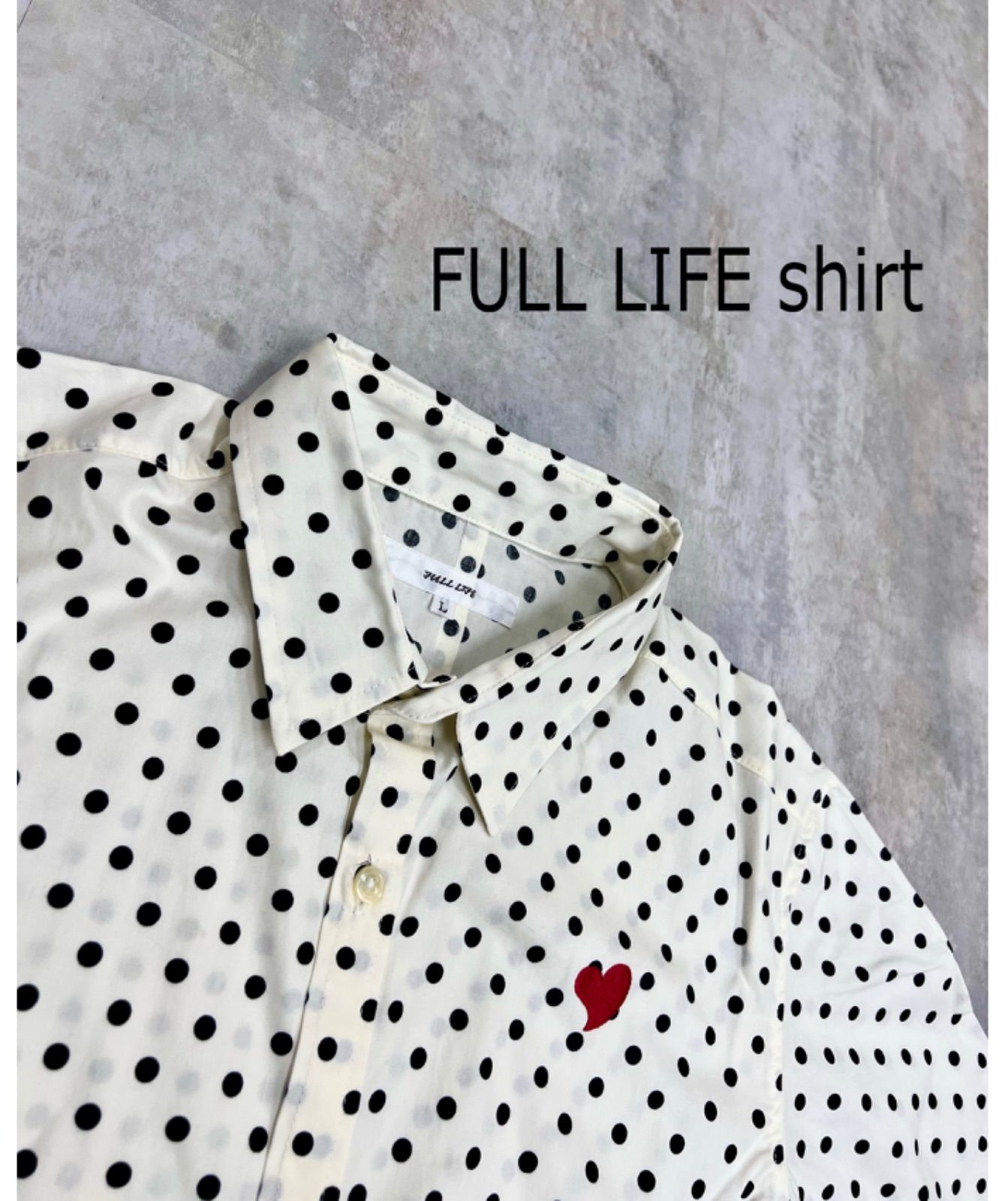 メンズ ドット柄シャツ ハート 刺繍 ドット Full Life Lサイズ フルライフ 白シャツ オフホワイト 7月21日まで限定クーポン配信中♪  フォローしてチェック！