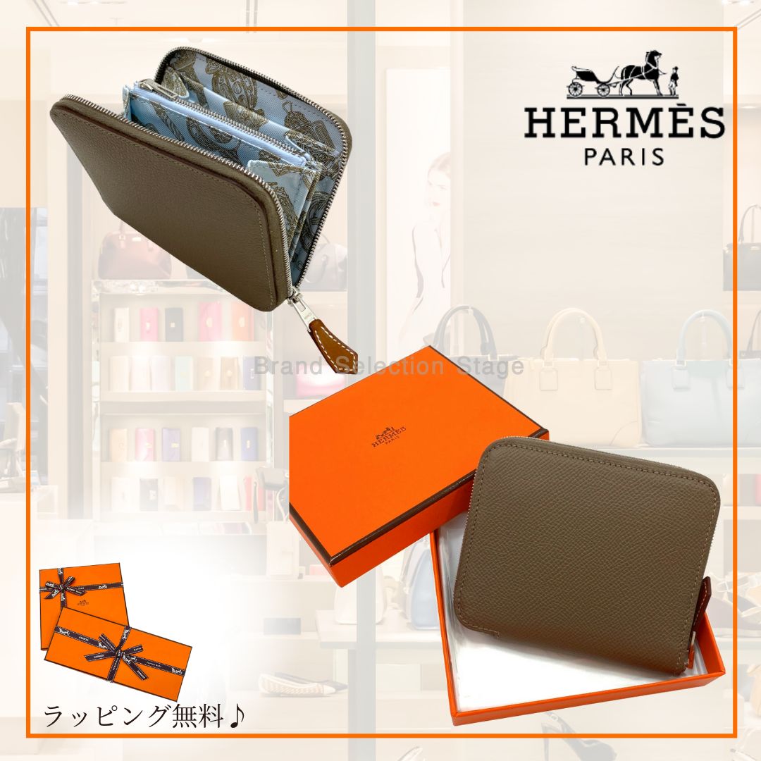 W刻印 20 造 エルメス HERMES ミニ財布 アザップ シルクイン コンパクト エヴァ― ETOUPE | BLEU BRUME エトゥープ | ブルーブリュム シルバー金具 H086387CK