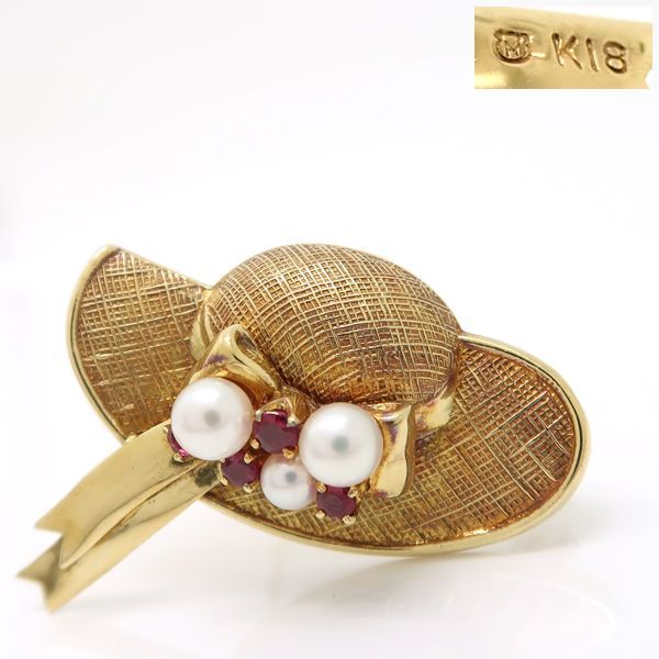 美品✨ミキモト　K18 パール　ブローチ コサージュ　ステッキ　ハット　帽子 MIKIMOTO ミキモト パール 真珠 ブローチ K18イエローゴールド