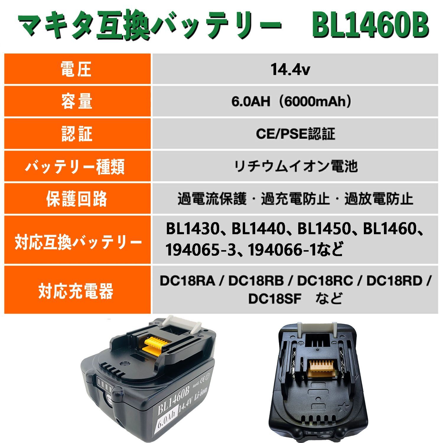 [保証付き]マキタ(Makita) BL1460B 14.4V 6.0Ah(6000mAh) 2個 Dosctt製互換バッテリー 残量表示付き(YG) BL1430B BL1440B BL1450B 限定価格1年保証 マキタ 14.4V 互換バッテリー ２個
